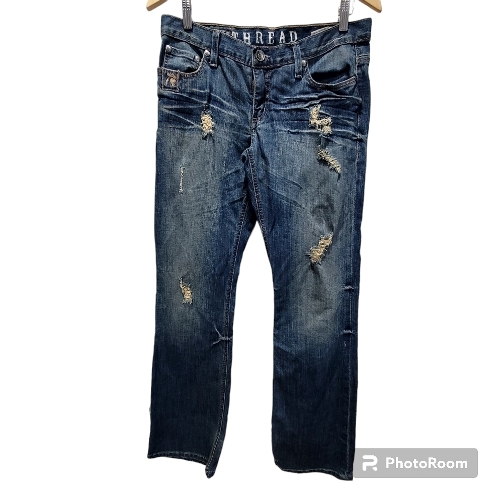 So Thread Size 29 99% Cotton Embellished Distressed Frayed Blue Jeans